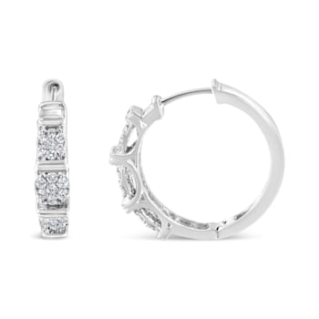Sterling Silver 1/2ctw Lab Grown Round Diamond Floral Cluster Hoop Earrings