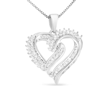 0.50ctw Double-Row Diamond Sterling Silver Heart Pendant with Chain