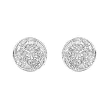 Sterling Silver .25ctw Baguette and Round Diamond Swirl Love Knot Stud Earrings