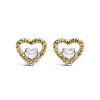 Sterling Silver 1/6 Cttw Yellow Diamond Open Double Heart Stud Earrings