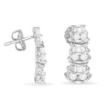 14K White Gold 7/8ctw Round and Baguette-cut Diamond Earrings