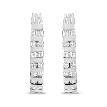 10K White Gold 1.0ctw Round and Baguette-Cut Diamond Hoop Earrings