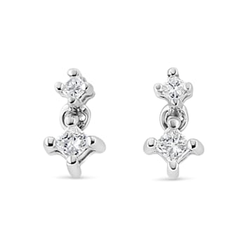 14K White Gold 1/4ctw Princess-Cut Double Diamond Drop and Dangle Stud Earrings
