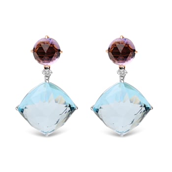18K Two-tone Round Amethyst and Cushion Cut Blue Topaz Gemstone with
Diamond Accent Dangle Earrings
