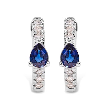 10K White Gold Pear Shaped Blue Sapphire and 1/10 Cttw Diamond Huggy
Hoop Earrings
