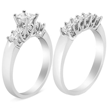 1.50ctw 5-Stone Princess Cut Diamond 14K White Gold Wedding Ring Set