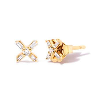 10K Yellow Gold 1/10 Cttw Round and Baguette Diamond Criss Cross X Stud Earring