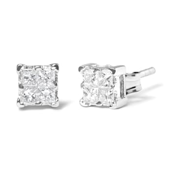 .925 Sterling Silver 1/4 Cttw Invisible Set Princess Diamond Composite
Quad Stud Earrings