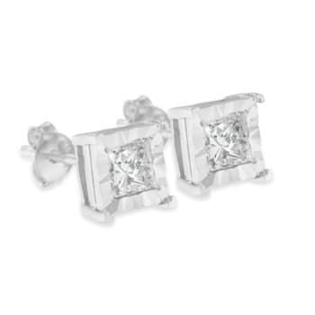 Sterling Silver 1.0ctw Miracle Set Princess-Cut Diamond Solitaire Stud Earrings