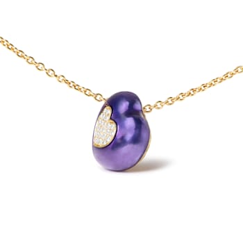 18K Yellow Gold Blue Enamel and Pave Round Diamonds Heart Design Pendant Necklace