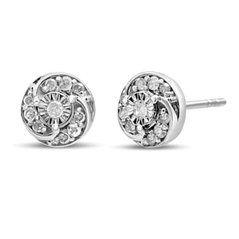 Sterling Silver 1/4ctw Round Diamond Spiral Halo Cluster Stud Earrings