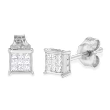 Sterling Silver Princess Cut Diamond Square Stud Earrings .30ctw