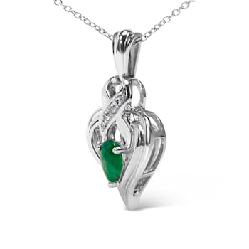 Sterling Silver Pear Emerald and Diamond Accent Heart Pendant Chain- 18 Inches