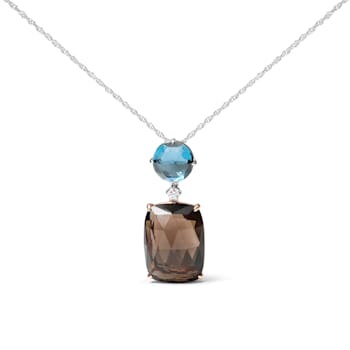 18K Two-tone Gold Cushion Cut Smoky Quartz and Round Blue Topaz Gemstone
with Diamond Accent Pendant