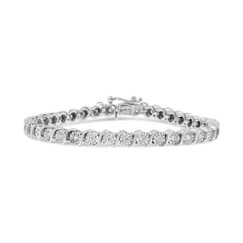 14K White Gold 1.0ctw Lab Grown Diamond Round Miracle Plate and
"S" Link Tennis Bracelet