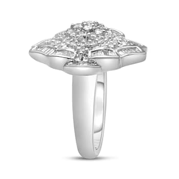 14K White Gold 7/8ctw Round and Baguette Diamond Cluster Ring (H-I
Color, SI2-I1 Clarity) - Size 7