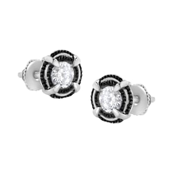 Black Rhodium Over Sterling Silver Round 1.0ctw Diamond Double Halo
Solitaire Stud Earrings