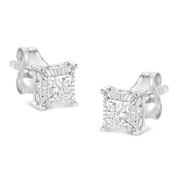 Sterling Silver 1/2ctw Princess-cut Diamond Stud Earring