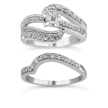 Sterling Silver 1/3ctw Diamond Crisscross Engagement Bridal Set