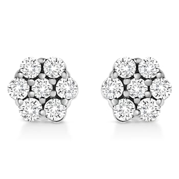 14K White Gold 1/2 Ctw Prong Set Round Diamond Flower Stud Earrings