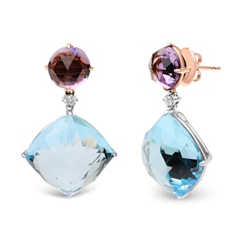 18K Two-tone Round Amethyst and Cushion Cut Blue Topaz Gemstone with
Diamond Accent Dangle Earrings