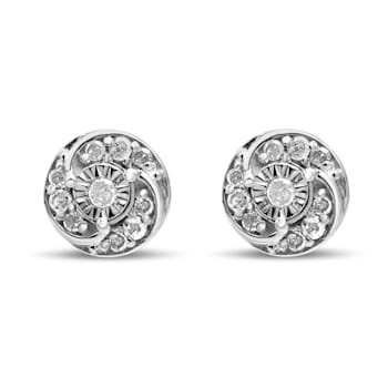 Sterling Silver 1/4ctw Round Diamond Spiral Halo Cluster Stud Earrings