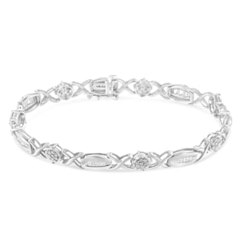 Sterling Silver 1.0ctw Round-Cut and Baguette-Cut Diamond X-Link Bracelet