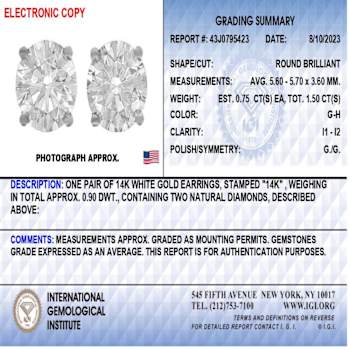 IGI Certified 14K White Gold 1 1/2 Cttw Round Diamond Solitaire Stud
Earrings with Screwbacks