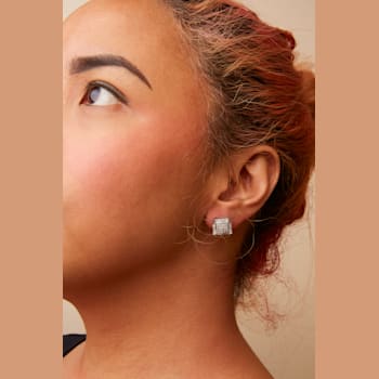 10K White Gold 1 1/10 Cttw Princess Diamond Composite and Halo Stud Earrings