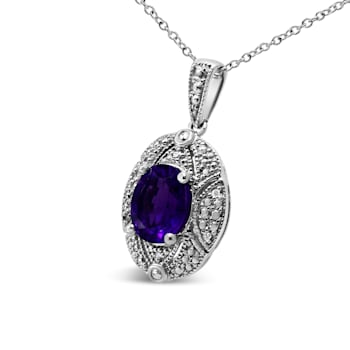 Sterling Silver Diamond Accent and 9x7mm Oval Amethyst Pendant w\chain 18"