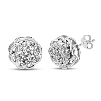 Sterling Silver 1/2ctw Round Diamond Cluster Openwork Floral Halo Stud Earrings