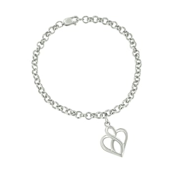 Sterling Silver Open Heart with Center Vertical Infinity Chain Charm Bracelet