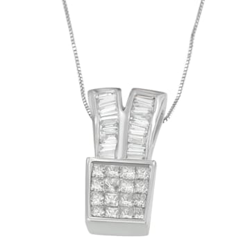 14K White Gold 1 1/3ctw Princess and Baguette Cut Diamond Pendant
w\chain(H-I, SI1-SI2)
