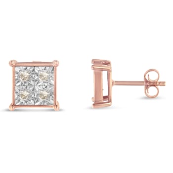 10K Rose Gold Over Sterling Silver Princess Diamond Quad Stud Earrings 0.5ctw