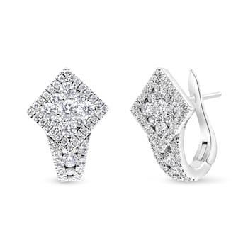 18K White Gold 1 1/10ctw Round Diamond Cluster with Halo Hoop Huggie Earrings