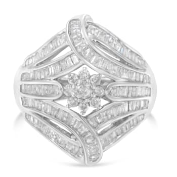 Sterling Silver 1-1/8ctw Mixed Cut Diamond 'Flower & Fern' Cluster
Ring (I-J Color, I2-I3 Clarity)