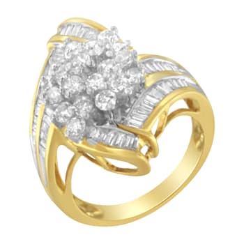 10K Yellow Gold Round and Baguette Diamond Swirl Ring (2.0ctw, J-K
Color, I2 Clarity)