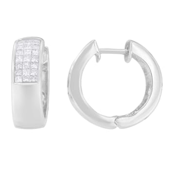 14K White Gold 1 1/8ctw Princess and Round Cut Diamond Huggie Earrings