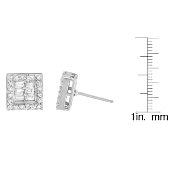 14K White Gold 1.0ctw Round and Baguette Diamond Stud Earrings