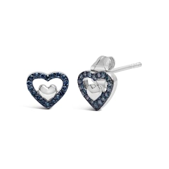 Sterling Silver 1/6 Cttw Blue Diamond Open Double Heart Stud Earrings