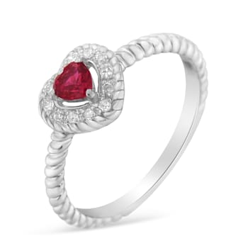 Sterling Silver 4MM Lab Created Ruby Heart and Diamond Accent Heart Ring