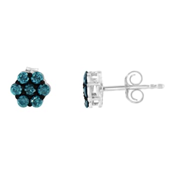 Sterling Silver Treated Blue Diamond Floral Stud Earrings .50ctw