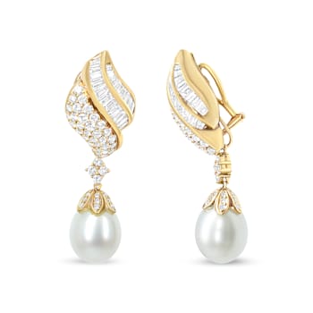 18k Yellow Gold 7.0 Cttw Baguette and Round Diamond South Sea Pearl Drop
Dangle Omega Earrings