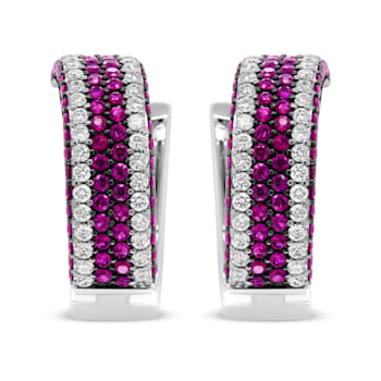 18K White Gold 1 7/8 Cttw Diamond and 1mm Round Red Ruby Open Swish Hoop Earrings