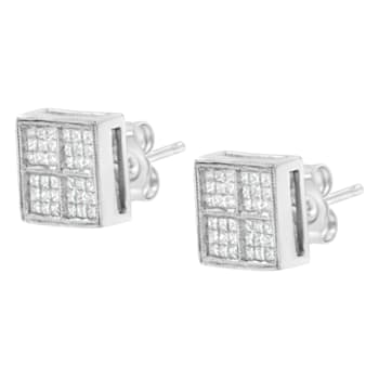 0.50ctw Princess Diamond Box Shape Milgrain Stud 14K White Gold Earrings