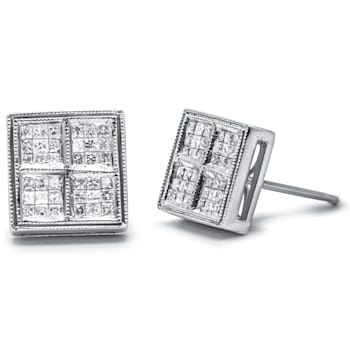 0.50ctw Princess Diamond Box Shape Milgrain Stud 14K White Gold Earrings