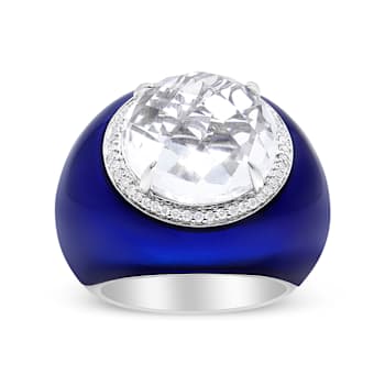 18K White Gold 14mm White Quartz and 1/5 Cttw Diamond Halo with Blue
Enamel Dome Ring