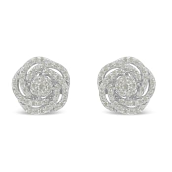 10k White Gold Rose-Cut Diamond Floral Cluster Earrings 1.0ctw