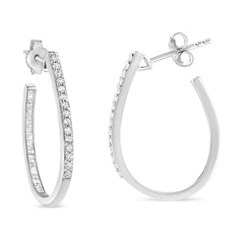 Sterling Silver 1/2ctw Round and Baguette-Cut Diamond Inside-Outside
Hoop Earrings