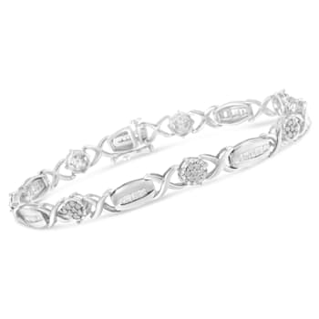 Sterling Silver 1.0ctw Round-Cut and Baguette-Cut Diamond X-Link Bracelet